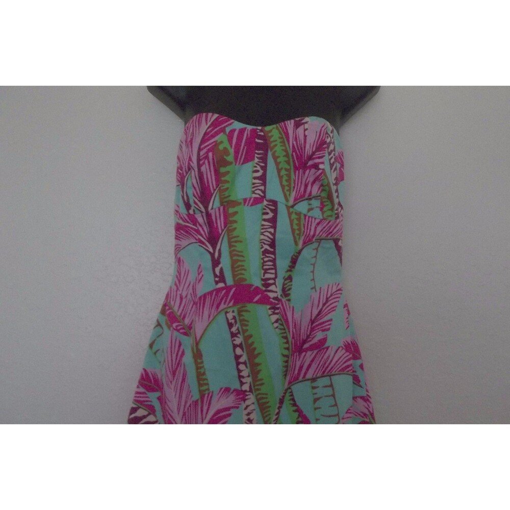 TIBI Strapless Cotton/Spandex Lining Dress Size 4 Pink Green Aqua Tropical Tree